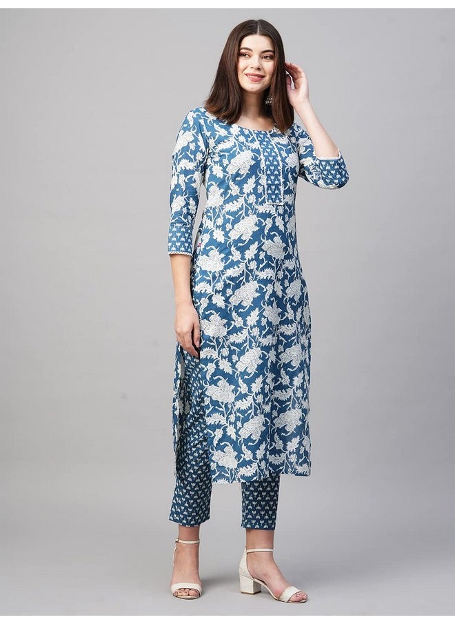 آني ديزاينر - قميص كورتا نسائي مستقيم مطبوع من مزيج القطن مع بنطلون من ANNI DESIGNER (Pustak Blue-GNw_3XL_White/Blue_XXX-Large) - Image 1