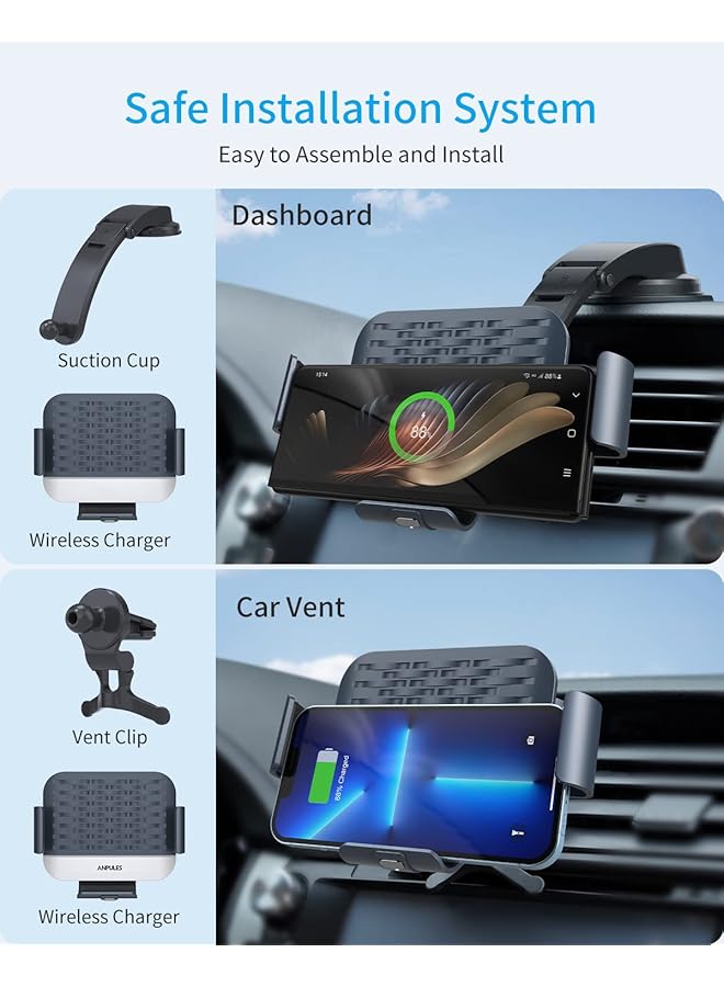 Excefore Fast Wireless Car Charger For Galaxy Z Fold 4 3 2 Dual Coil Phone Mount Auto-Clamping Air Vent Dashboard Holder - Image 2