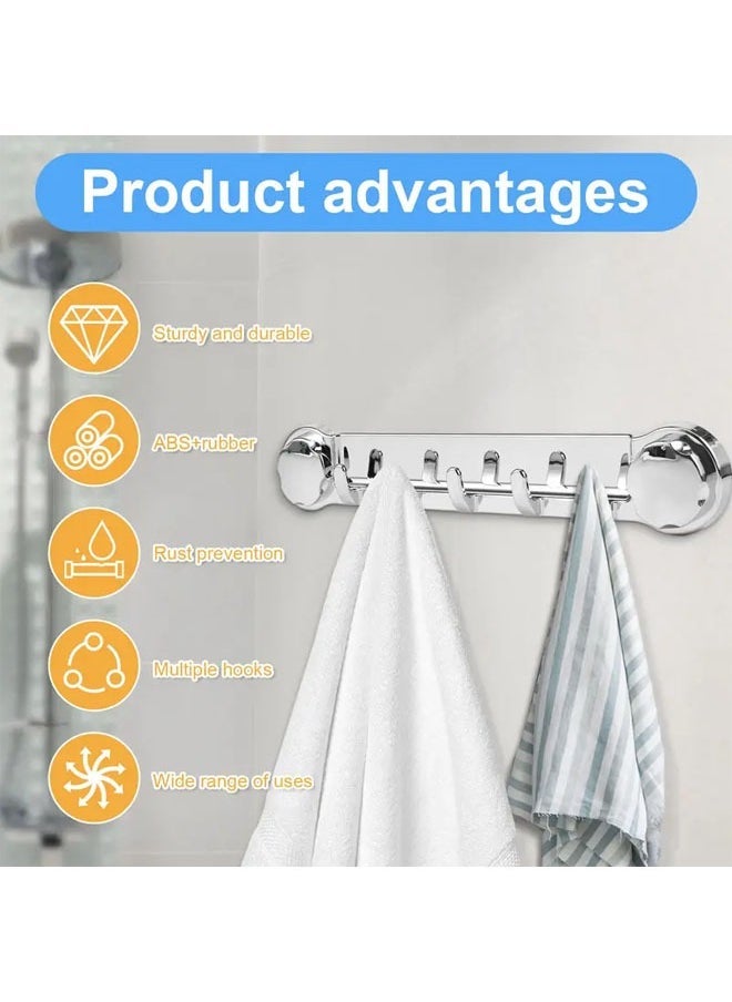 Hihonor 1 Pack Powerful Vacuum Suction Cup Towel Holder, Wall Mount Coat Bath Towel Hook, Hanger Rail Bar with 5 Hooks for Towels, Robes, Clothing, Silver  - Image 2