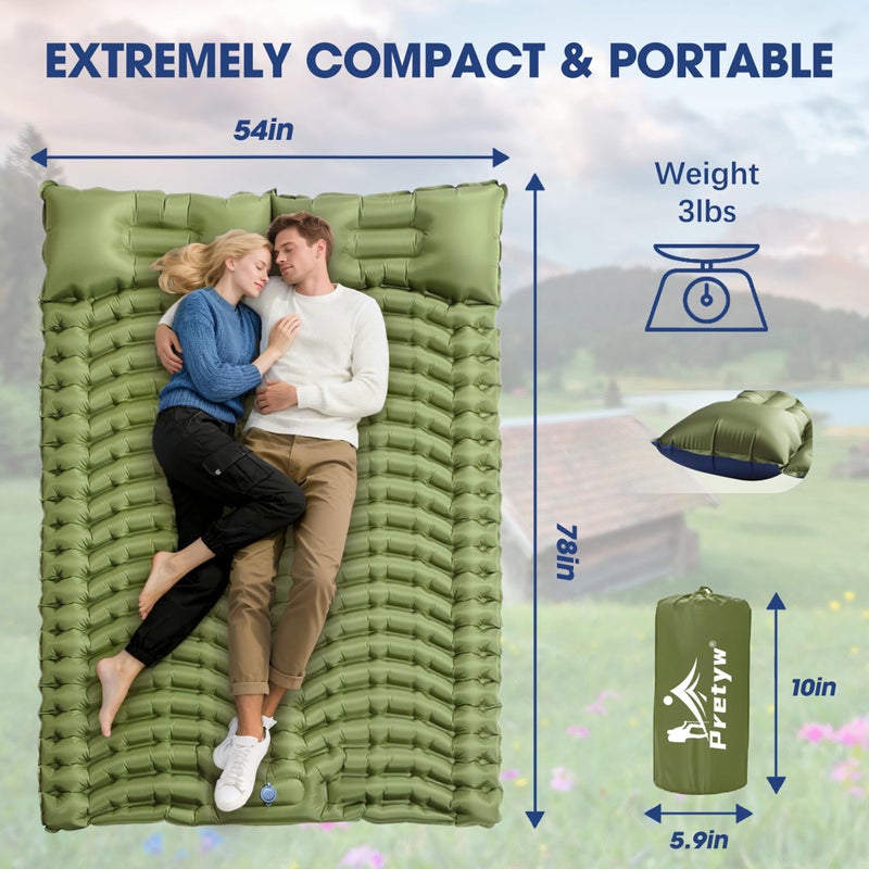 Pretyw Double Sleeping Pad for Camping - Ultralight Camping Mattress with Pillow, Built-in Foot Pump, Compact Inflatable 2-Person Portable Mat for Backpacking, Hiking, Car Traveling, Beach, Tent - Image 4