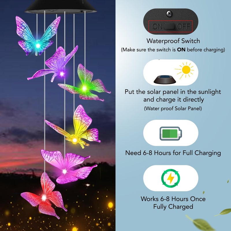 Ekhasa Ekhasa Solar Butterfly Wind Chimes Solar Powered Windchime for Balcony Outdoor Garden Magical Solar Power Positive Vibes WindChimes Lights Light Colour Changes No Sound - Image 3