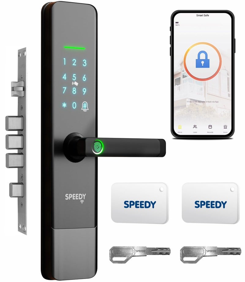 Speedy Atom 11 WiFi Enabled Smart Door Lock for Main Door | Biometric, 2 Emergency Keys | 2-Year Warranty & Free Installation by Brand | Door Thickness Should be Between: 35-80mm - Image 1