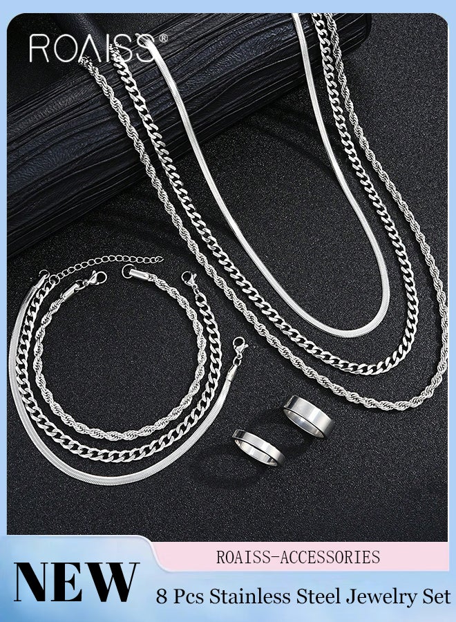 roaiss 8 Pcs Sparkling Stainless Steel Jewelry Set Necklace, Bracelet, and Ring Minimalist Punk-hip-hop Style Fashionable and Simple Clavicle Chain Elements for Multiple Layers Perfect for Everyday Wear - Image 1