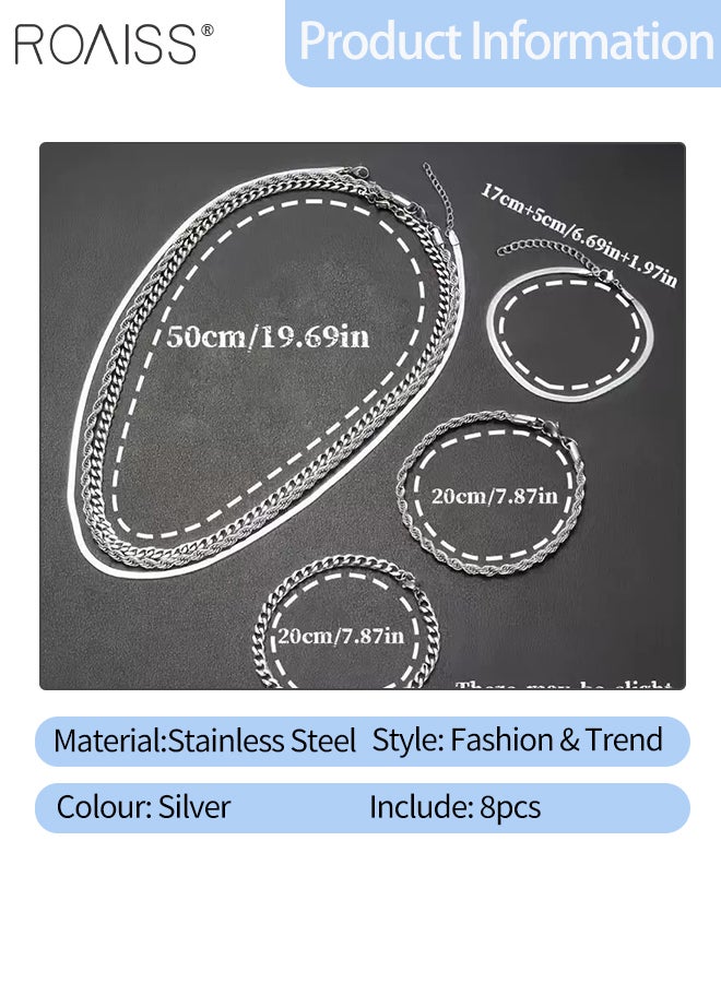 roaiss 8 Pcs Sparkling Stainless Steel Jewelry Set Necklace, Bracelet, and Ring Minimalist Punk-hip-hop Style Fashionable and Simple Clavicle Chain Elements for Multiple Layers Perfect for Everyday Wear - Image 2