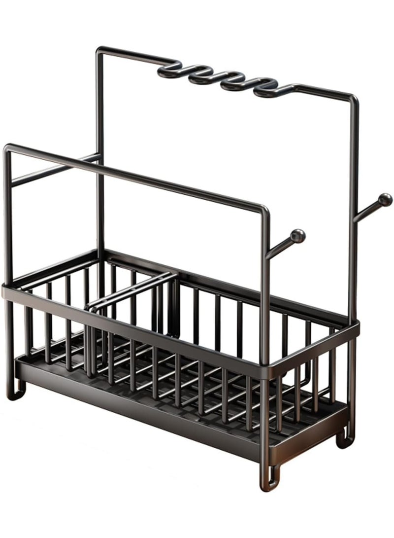 SOLARAE Kitchen Sink Caddy, Kitchen Sink Caddy Organizer with Detachable Brush Holder, Rustproof 304 Stainless Steel Sponge Holder for Kitchen Sink with Removable Drain Tray, Black - Image 1