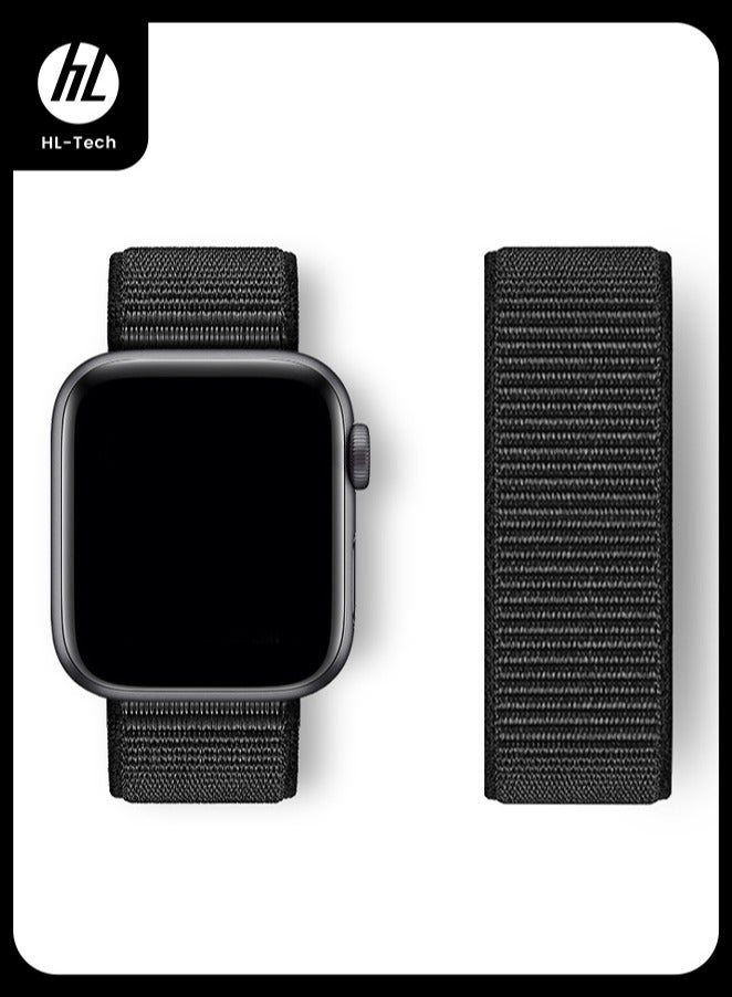 HL-Tech Breathable Nylon Loop Sport Band for Apple Watch 42mm/44mm/45mm/46mm/49mm – Adjustable Lightweight Strap Compatible with iWatch Ultra 2, SE, Series 10/9/8/7, Sweatproof Replacement Band for Men & Women (Black) - Image 1