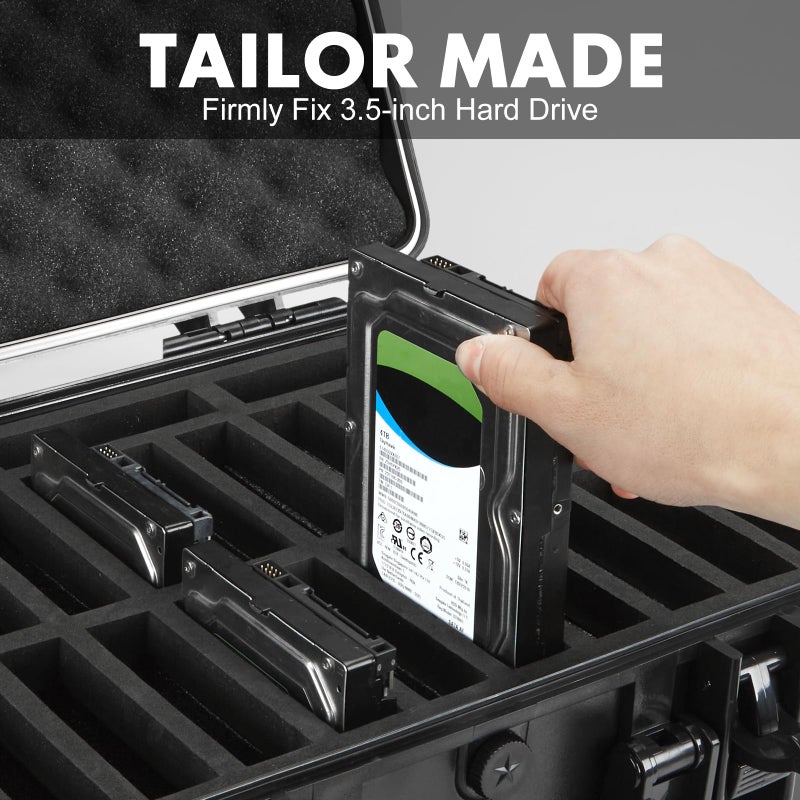 YDEPLVEO Hard Drive Case Fits 25-Bay Protection 3.5" HDD | High-Density Protective Foam | External Hard Drive Organizer Storage Box Travel Carrying Suitcase with Handle - Image 2