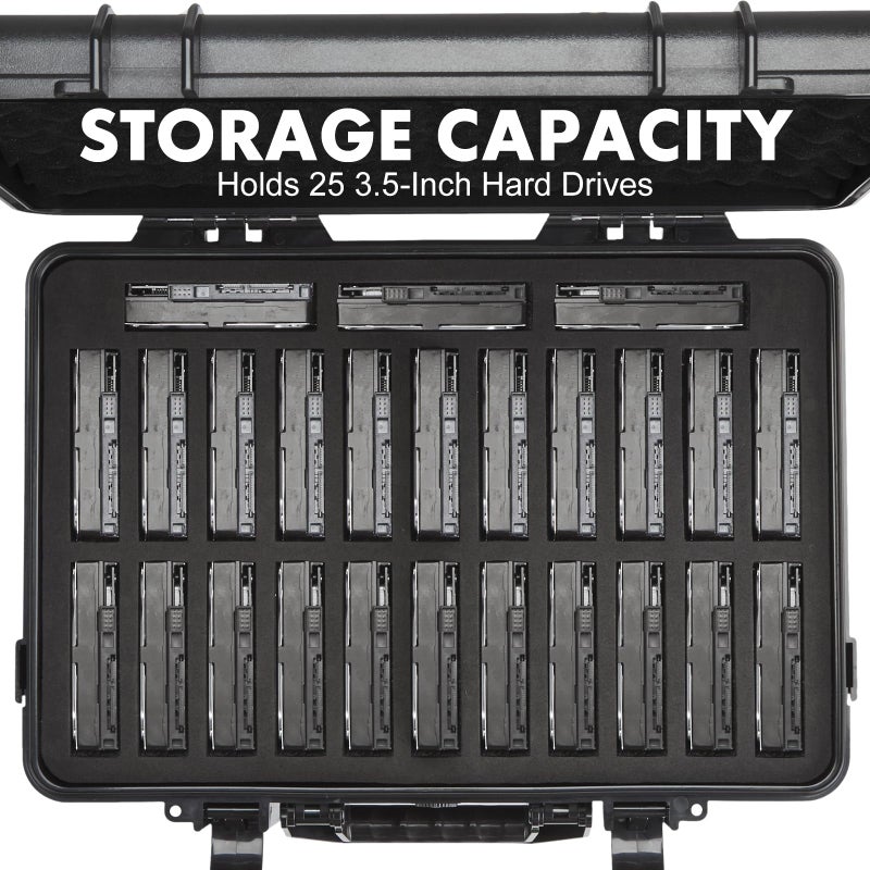 YDEPLVEO Hard Drive Case Fits 25-Bay Protection 3.5" HDD | High-Density Protective Foam | External Hard Drive Organizer Storage Box Travel Carrying Suitcase with Handle - Image 3