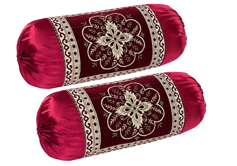 HSR Collection 2 Piece Valvet Chenille Bolster Cover Set - 32x16 inches, Maroon - Image 1