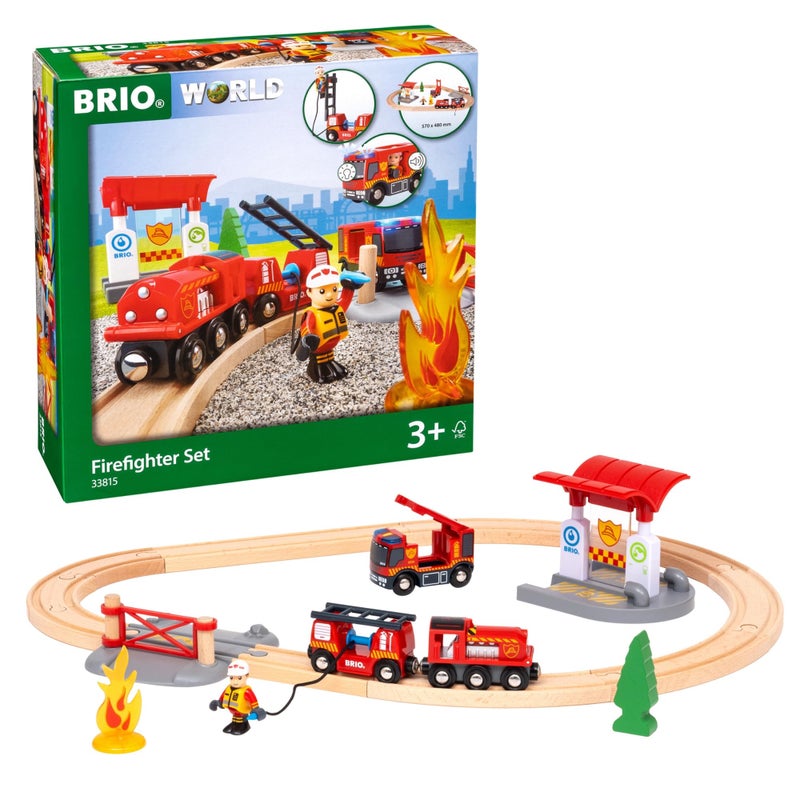 BRIO World Rescue Firefighter Set - 18-Piece FSC-Certified Wood Train Set & Accessories - Fire Train Engine with Lights and Sound, Wooden Tracks & More - Works with All Wooden Train Sets - Ages 3 & Up - Image 1