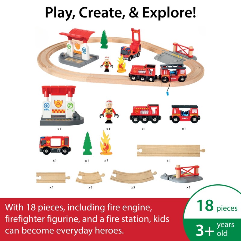 BRIO World Rescue Firefighter Set - 18-Piece FSC-Certified Wood Train Set & Accessories - Fire Train Engine with Lights and Sound, Wooden Tracks & More - Works with All Wooden Train Sets - Ages 3 & Up - Image 3