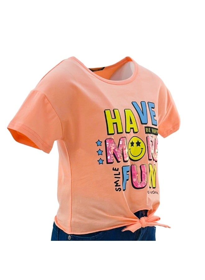 JOANNA JOANNA 23KY371B Girl's Front Tie With Have More Fun Print Round Neck Short Sleeve T-Shirt - Light Orange  - Image 2