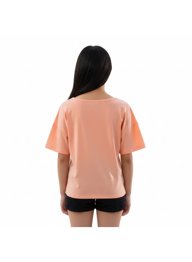 جوانا تي شيرت فتيات بربطة أمامية برقبة دائرية وأكمام قصيرة بطبعة "استمتعي أكثر" - برتقالي فاتح - Image 3