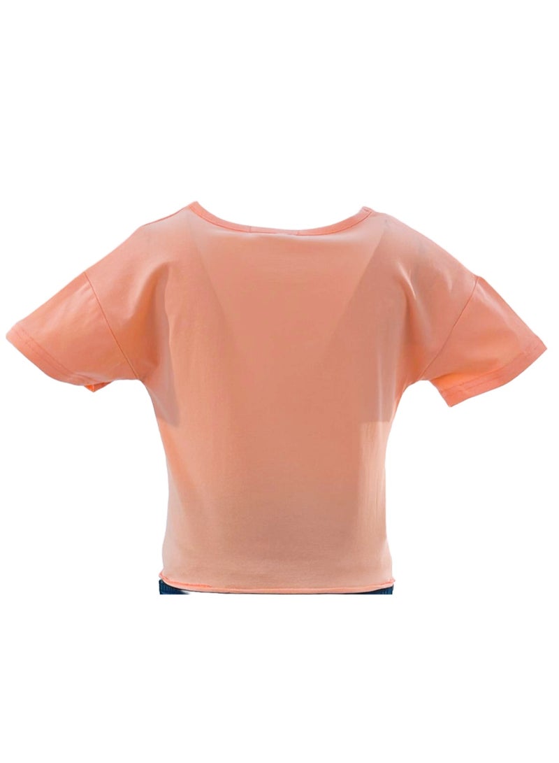 جوانا تي شيرت فتيات بربطة أمامية برقبة دائرية وأكمام قصيرة بطبعة "استمتعي أكثر" - برتقالي فاتح - Image 5