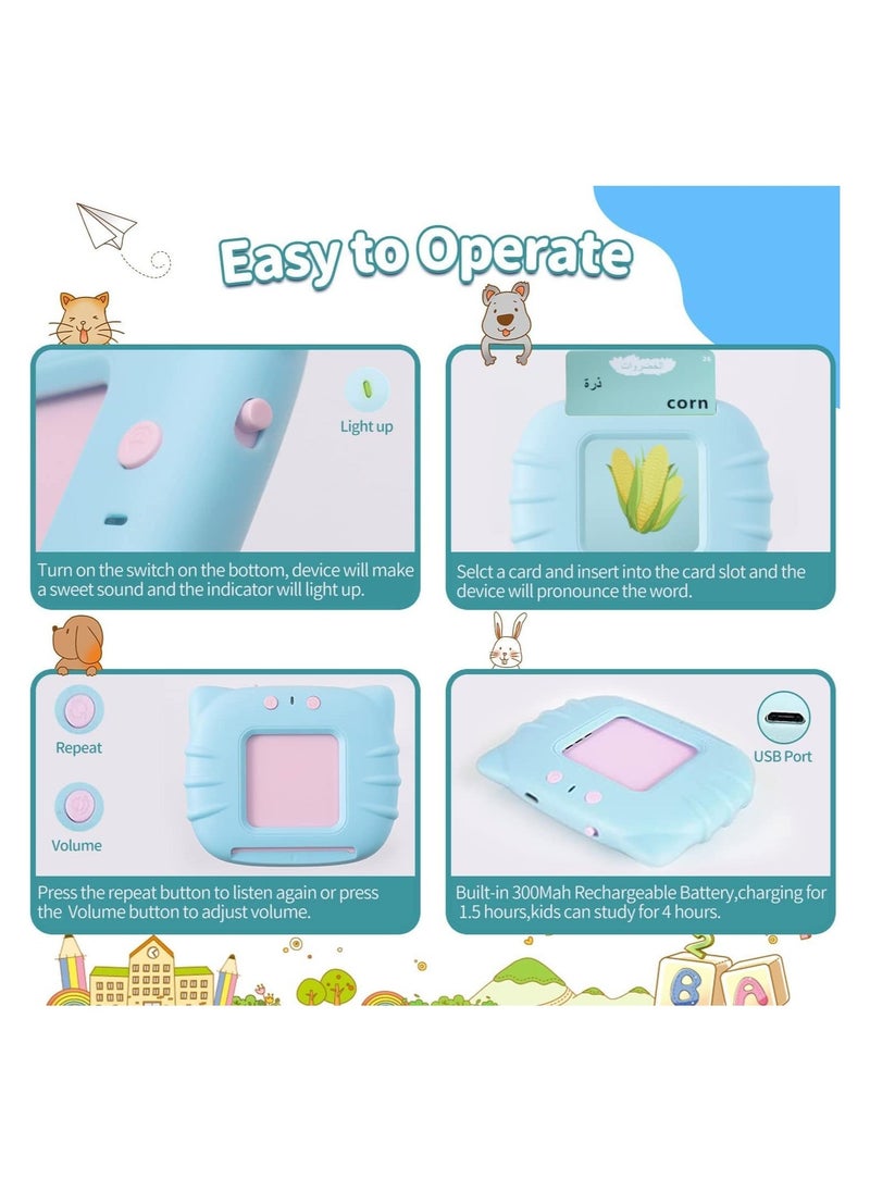 Arabic English Learning Toys for 3 4 5 6 Year Old Boys Girls 224 Words Baby Talking Flash Cards Speech Therapy Autism Toys for Autistic Children Montessori Toys Birthday Gifts for Kids Blue  - Image 4