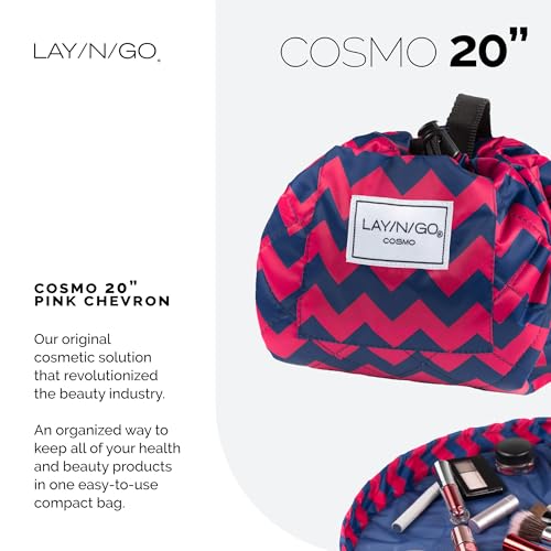 Lay-n-Go Cosmo Drawstring Cosmetic & Makeup Bag Organizer - Portable Drawstring Makeup Bag w/Zipper Pocket, Makeup Loops & More - Durable, Machine Washable Toiletry Bag (20", Pink Chevron) - Image 2