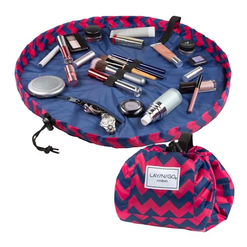 Lay-n-Go Cosmo Drawstring Cosmetic & Makeup Bag Organizer - Portable Drawstring Makeup Bag w/Zipper Pocket, Makeup Loops & More - Durable, Machine Washable Toiletry Bag (20", Pink Chevron) - Image 1