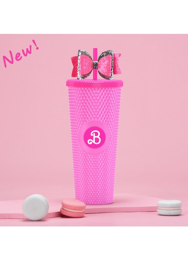 xozgdovg Double Sippy Cup 710ml Pink body fluorescent Rose cover (printed)- bow style 