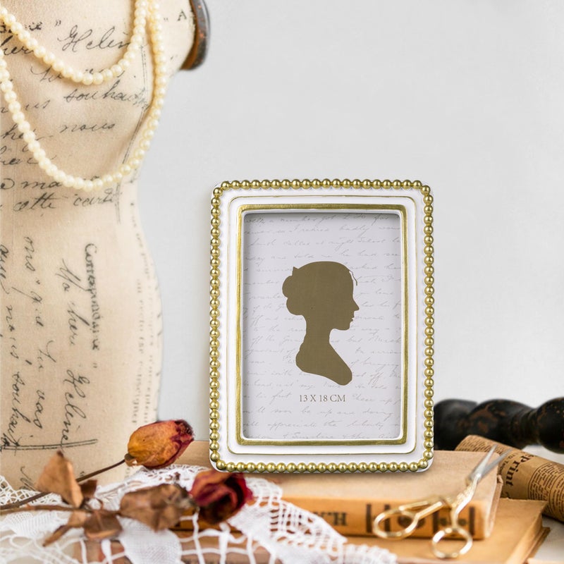 Sunlit Boho Vintage Picture Frame 5x7 Inch with Beaded Border, Luxury Antique Square Photo Frames with Glass Front, Photo Display, Tabletop Wall Hanging, Gift Idea, White and Golden - Image 4