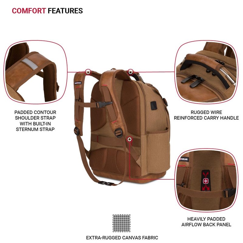 SWISSGEAR حقيبة أدوات سويس جير، تناسب حتى لابتوب بحجم 17 إنش، حقيبة عمل برو، قماش بني - Image 2