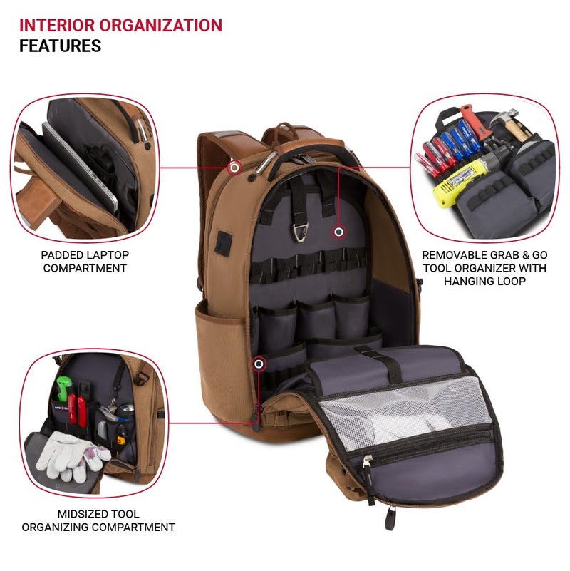 SWISSGEAR حقيبة أدوات سويس جير، تناسب حتى لابتوب بحجم 17 إنش، حقيبة عمل برو، قماش بني - Image 4
