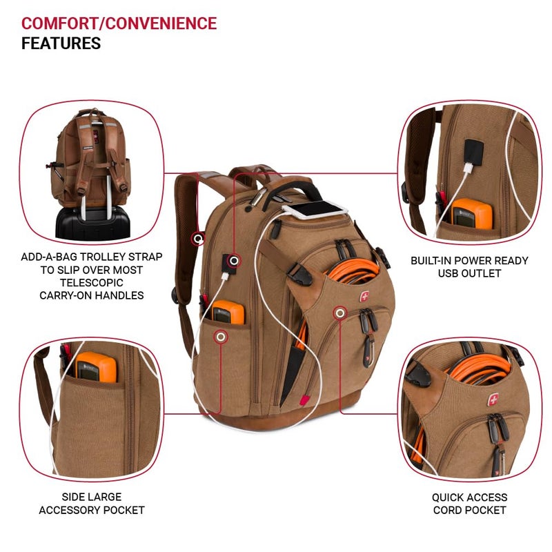 SWISSGEAR حقيبة أدوات سويس جير، تناسب حتى لابتوب بحجم 17 إنش، حقيبة عمل برو، قماش بني - Image 5