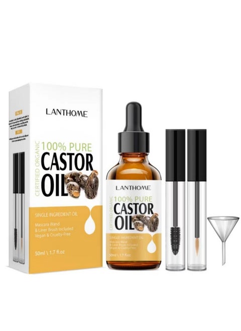 Lanthome Organic Castor Oil Cold Pressed Certified (1.7 Floz with Eyelash Kit), Black Castor Oil for Eyelashes, Eyebrows & Skin Moisturizer, Hair Growth Oil Hexane Free