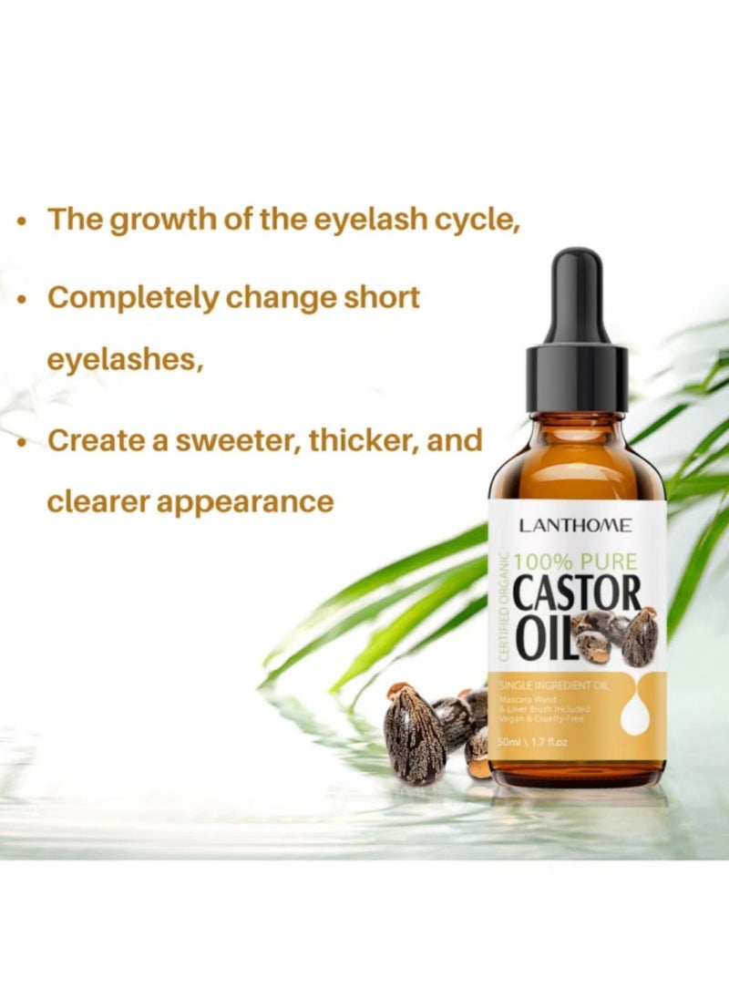 Lanthome Organic Castor Oil Cold Pressed Certified (1.7 Floz with Eyelash Kit), Black Castor Oil for Eyelashes, Eyebrows & Skin Moisturizer, Hair Growth Oil Hexane Free