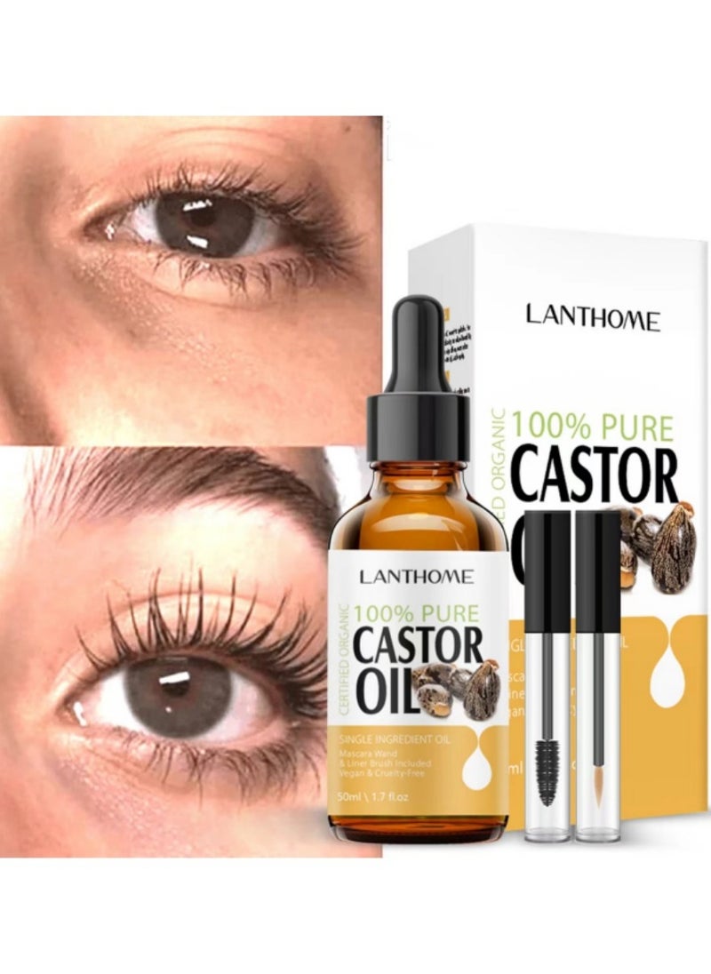 Lanthome Organic Castor Oil Cold Pressed Certified (1.7 Floz with Eyelash Kit), Black Castor Oil for Eyelashes, Eyebrows & Skin Moisturizer, Hair Growth Oil Hexane Free