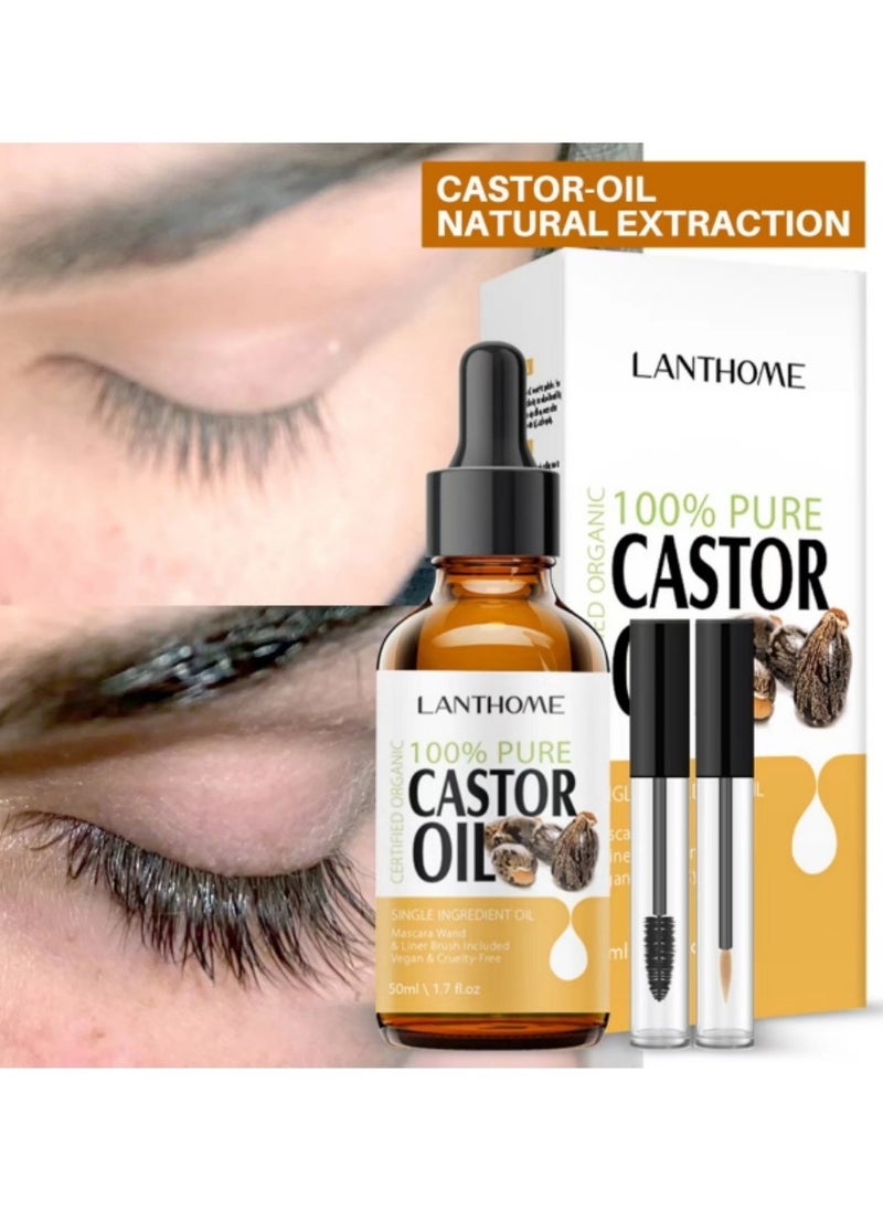 Lanthome Organic Castor Oil Cold Pressed Certified (1.7 Floz with Eyelash Kit), Black Castor Oil for Eyelashes, Eyebrows & Skin Moisturizer, Hair Growth Oil Hexane Free
