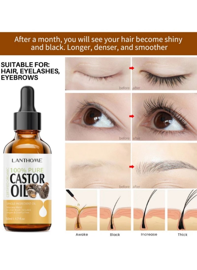 Lanthome Organic Castor Oil Cold Pressed Certified (1.7 Floz with Eyelash Kit), Black Castor Oil for Eyelashes, Eyebrows & Skin Moisturizer, Hair Growth Oil Hexane Free