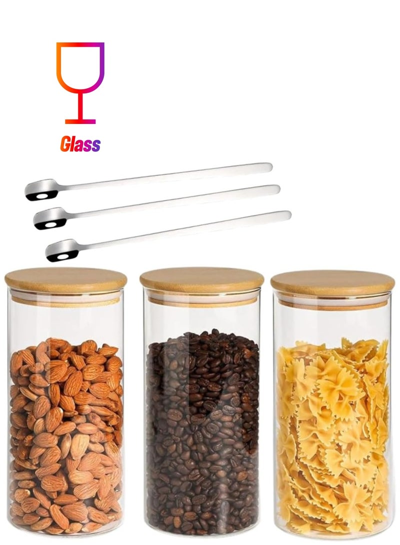 1Chase Set of 3- 1200 ML Borosilicate Glass Food Storage Jars With Bamboo Lid and Steel Spoon,for Candy Cookie Rice Sugar Flour Pasta Nut - Image 1