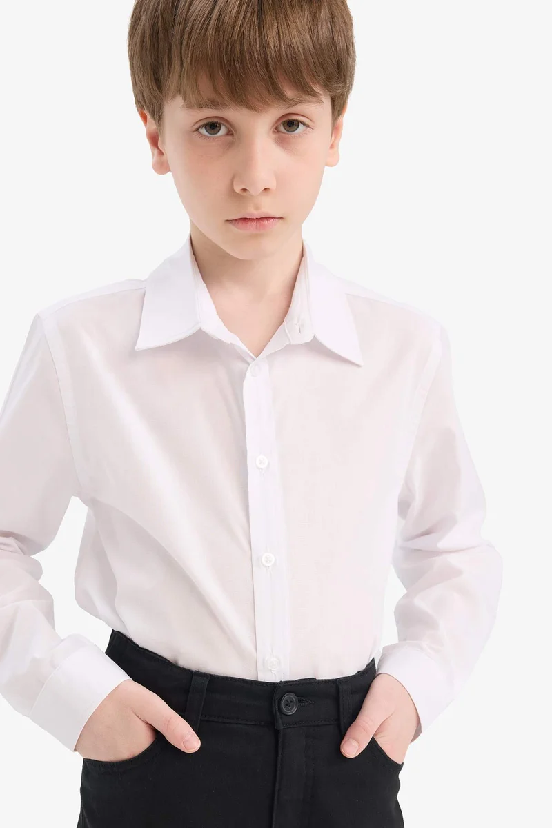ديفاكتو Boy Polo Collar Poplin Long Sleeve Shirt