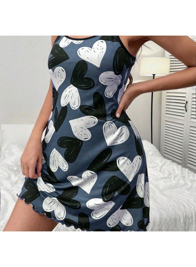 European And American Summer Thin Home Wear Camisole Short Dress Heart Cartoon Cute Print Pajamas