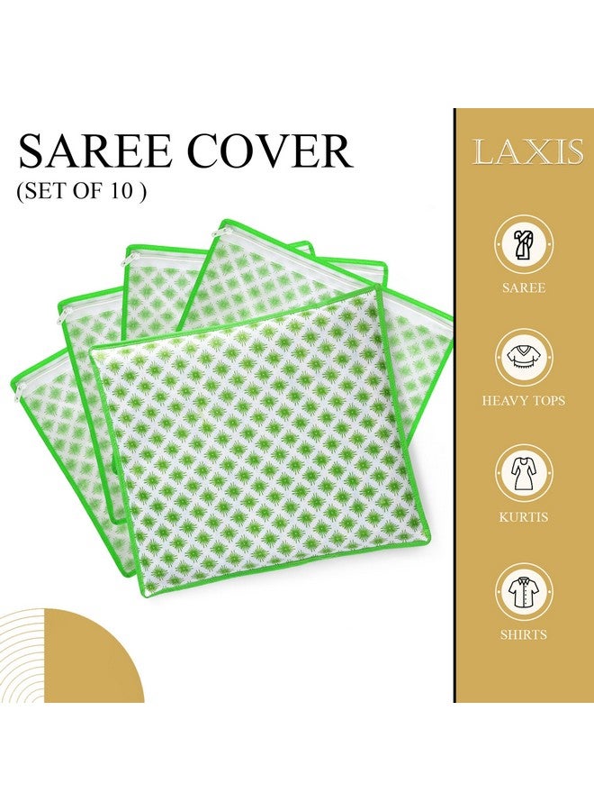 LAXIS HOMFIL Brand - LAXIS Non-Woven Printed Single Saree Cover, Saree Bag Pack of 10Pcs, Transparent Saree Covers With Zip, Saree Covers For Storage, Wardrobe Organiser, Size-36x42x2cm (Green) - Image 2