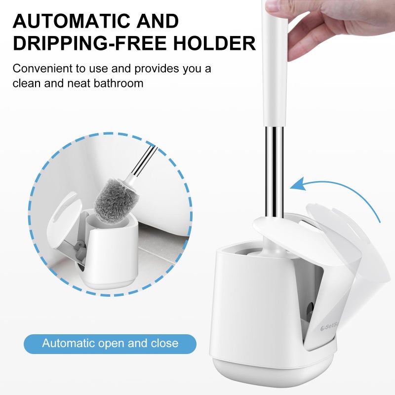 SetSail Toilet Brush, Self Closing Lid Toilet Bowl Brushes Holder and Extra Long Handle Ventilated Toilet Brush Set for Bathroom Cleaning, Nylon Bristles, Pure White - Image 4