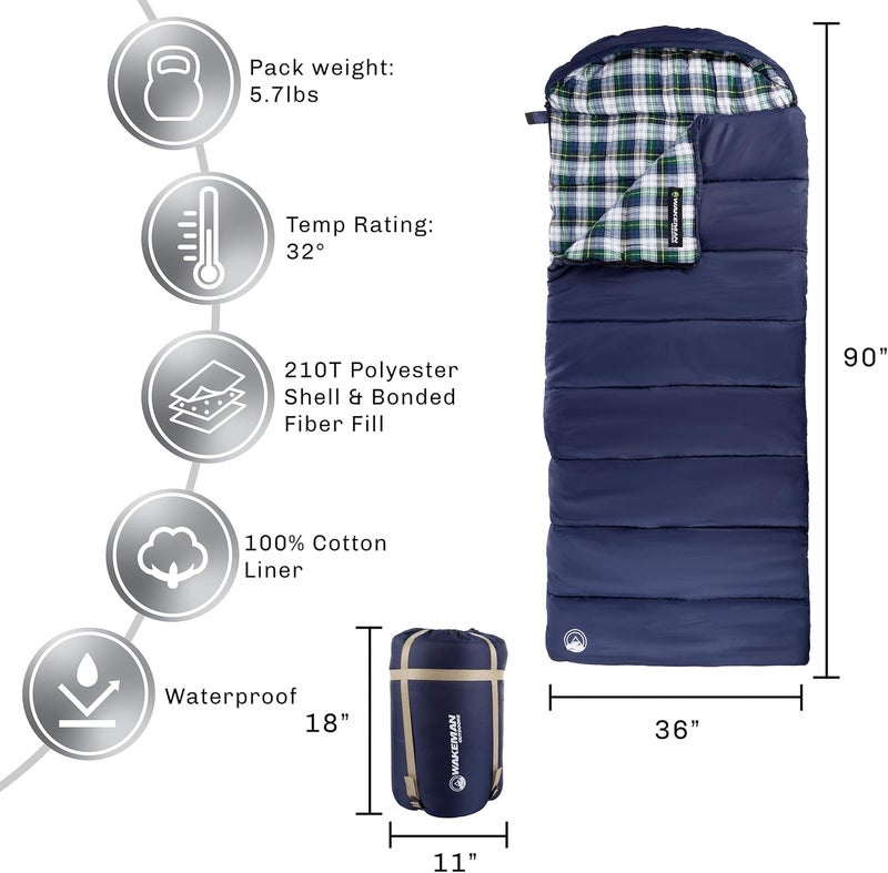 Wakeman Sleeping Bag - Lightweight Envelope-Style 32F Rated Outdoor Sleeping Bag with Hood and Carry Case for Backpacking, Camping and Hiking by (Navy) - Image 2