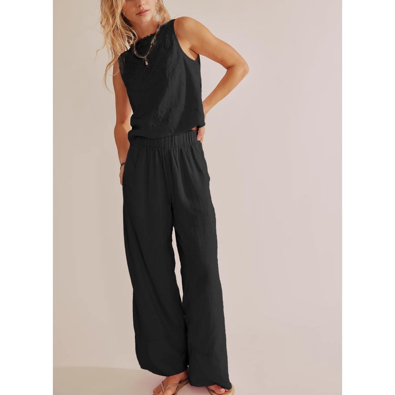 SeeLuNa Linen Pants for Women Cotton Baggy Boho Casual Palazzo Pants Wide Leg Long Lounge Trousers with Pockets(Black, L) - Image 3