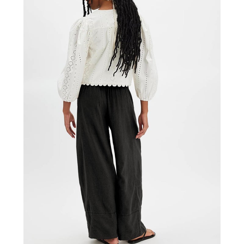 SeeLuNa Linen Pants for Women Cotton Baggy Boho Casual Palazzo Pants Wide Leg Long Lounge Trousers with Pockets(Black, L) - Image 4