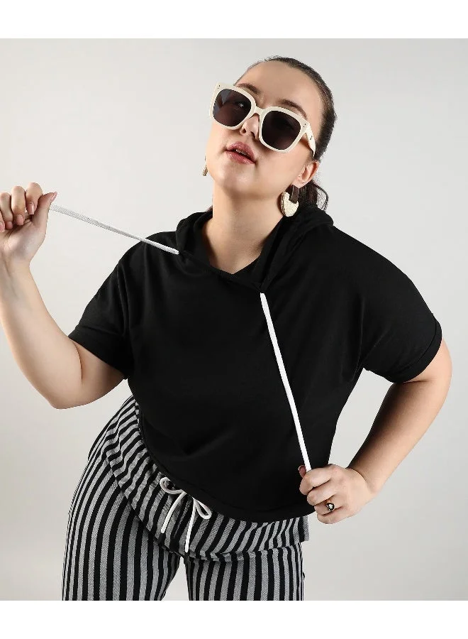 Instafab Plus Women's Jet Black Solid Hooded Top