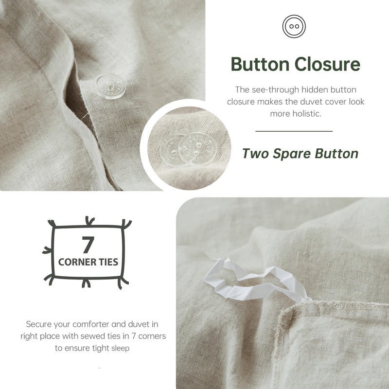 Simple&Opulence 100% Linen Duvet Cover Set, 3 PCS Natural French Flax Linen Duvet Cover Queen Size, Breathable Soft Comfy Linen Bedding Comforter Cover with 2 Pillowcases(Linen, 88"x92") - Image 3