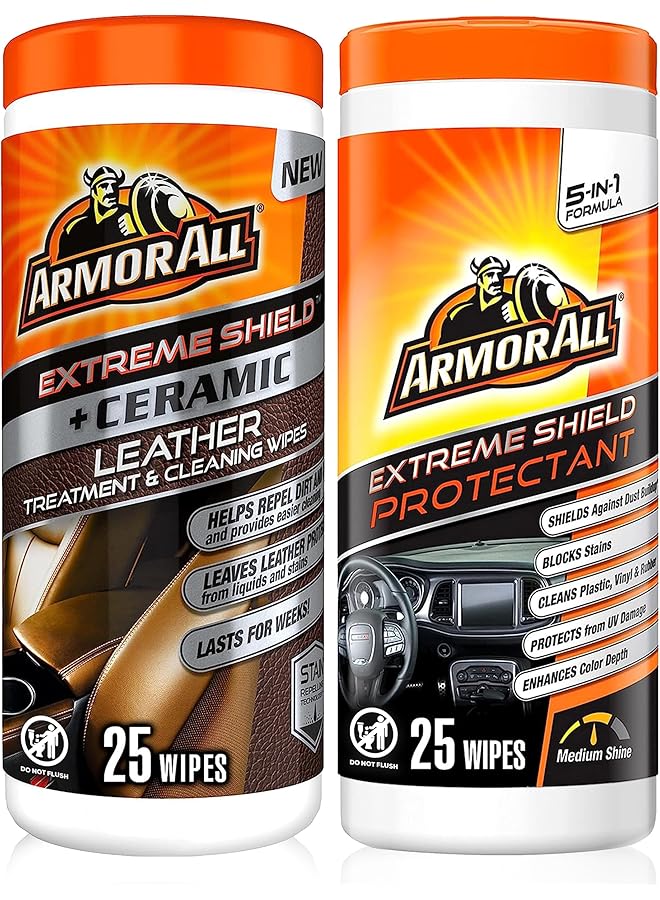 Armor All Leather Cleaner Wipes for Car Interior with UV Protection, Ceramic Leather and Extreme Protectant Wipes Bundle (50 Wipes Total) - Image 1