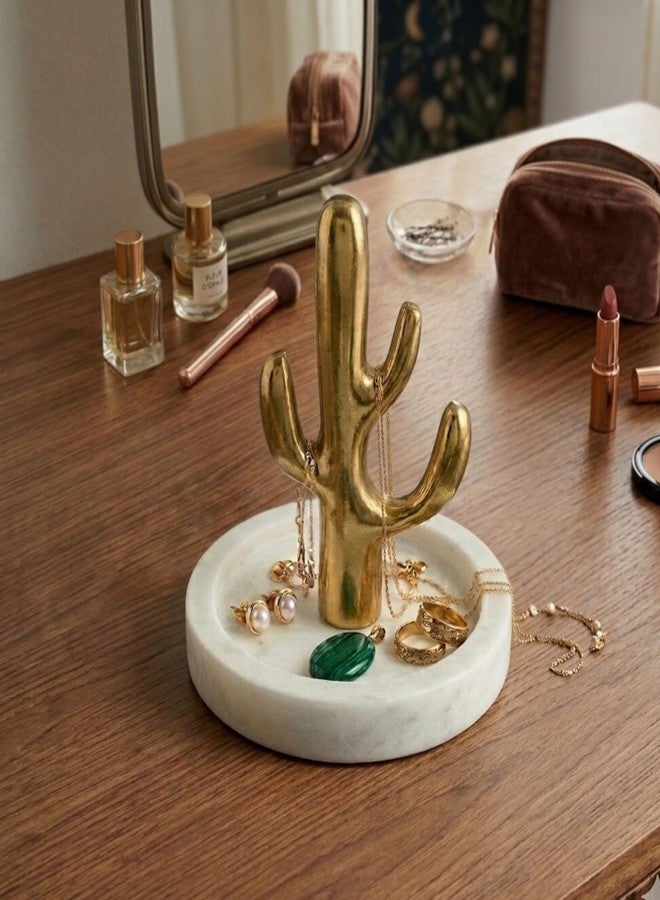 DECORAGE Jewelry Organizer Stand with Marble Base | Gold Cactus Jewelry Holder for Earring Necklace Bracelet Display Rack, Space Saving | Jewelry Tree Tray for Rings, Watches, Vanity Decor (4 Inch) - Image 1