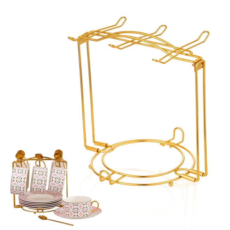 CHILDIKE Teacups and Saucers Display Stand Tea Cup Holder Metal Foldable Storage Rack for Espresso and Cappuccino Cup Gold