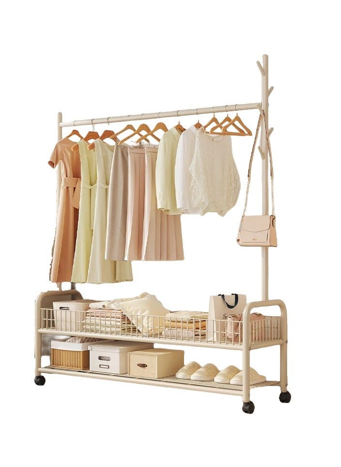 MIXDE Garment Rack,Heavy Duty Clothes Rack with 2 Tier Storage,Cloth Stand Storage Rack with Wheels and Hooks,Freestanding Metal Cloak Rack with Basket and shelf for Clothes,Hats Shoes 176×120×35cm 
