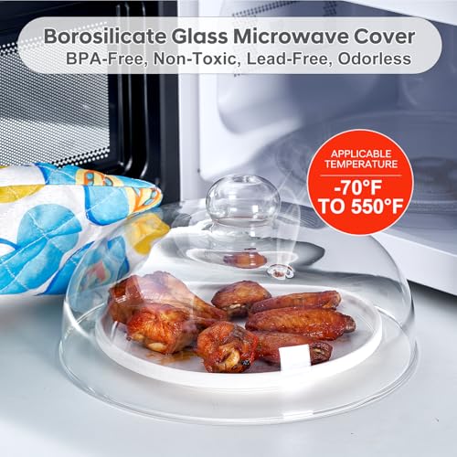 CozyState 10 Inch Borosilicate Glass Microwave Splatter Cover for Food, All Glass Tall Splatter Guard Microwave Plate Light Serving Dish Covers Lid with Handle for Heating Food - Image 2