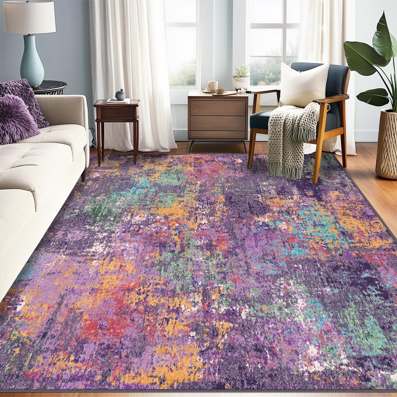 RELEANY Washable Area Rugs 6'x9' Non-Slip Modern Abstract Soft for Living Room Entryway Bedroom Nursery, Print Pattern, Purple Orange Blue Green Rust Red Colorful - Image 1