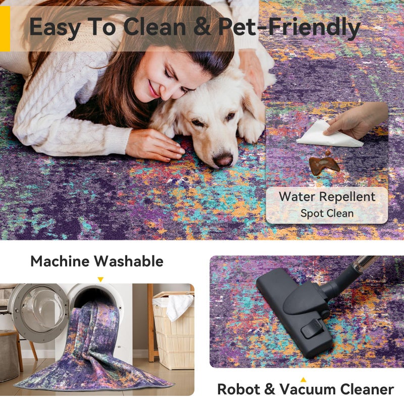 RELEANY Washable Area Rugs 6'x9' Non-Slip Modern Abstract Soft for Living Room Entryway Bedroom Nursery, Print Pattern, Purple Orange Blue Green Rust Red Colorful - Image 5