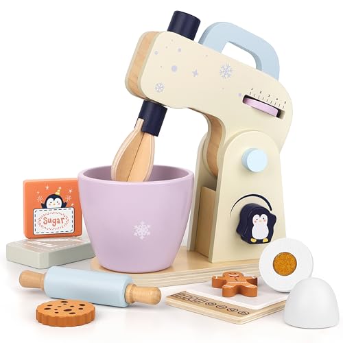 PairPear Kids Wooden Toy Mixer Pretend Play Kitchen Mixer with Bowl and Baking Accessories Kitchen Appliance Toy for Kids Ages 3 - Image 1