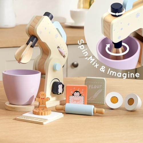 PairPear Kids Wooden Toy Mixer Pretend Play Kitchen Mixer with Bowl and Baking Accessories Kitchen Appliance Toy for Kids Ages 3 - Image 5